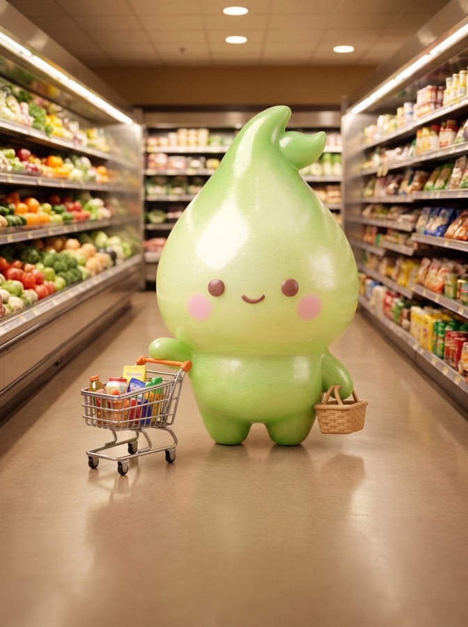 Honeydew green Dew Crew character in a grocery aisle with a tiny woven basket.