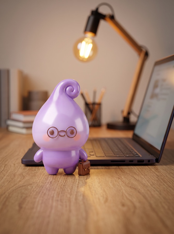 Lavender purple Dew Crew character with reading glasses and a mini briefcase.
