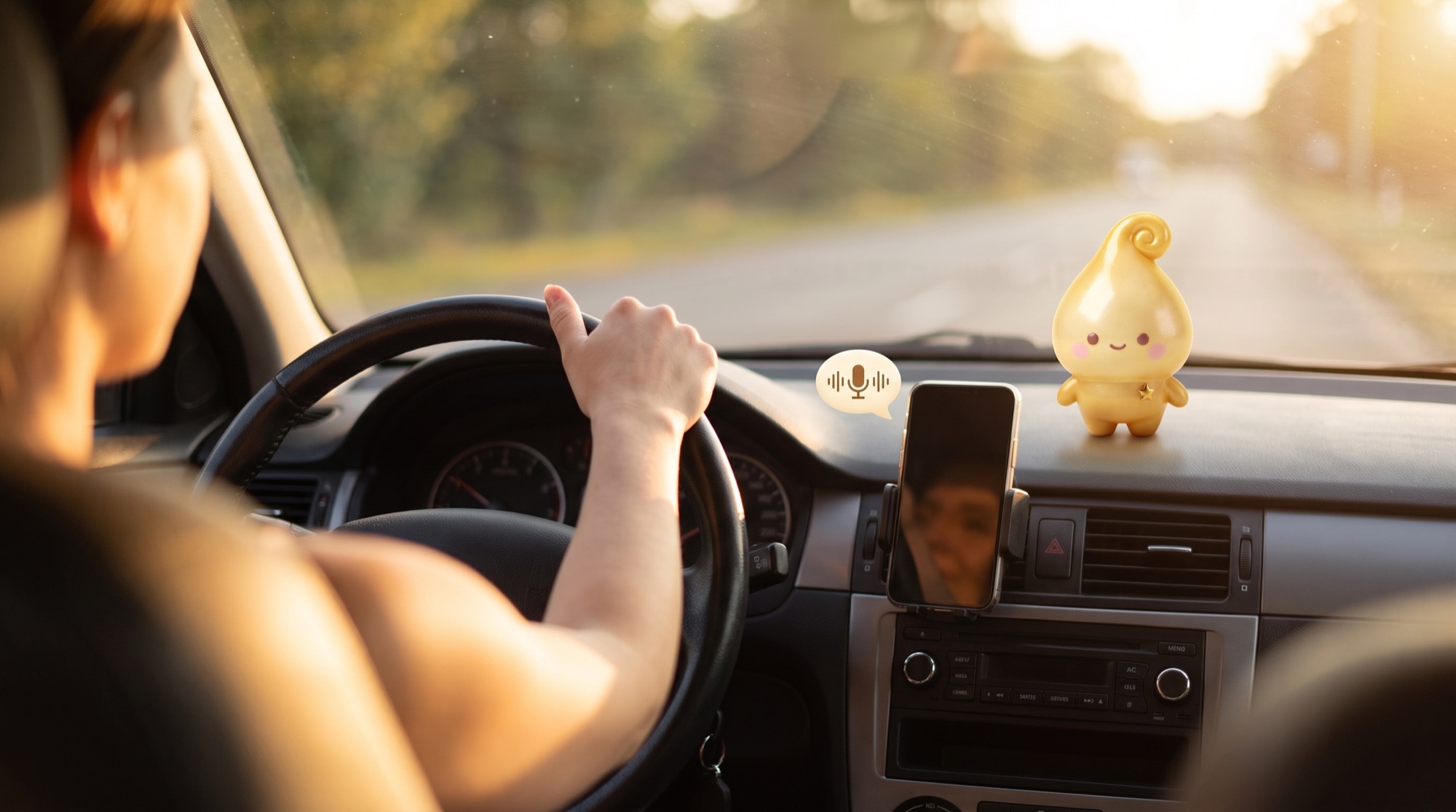 The gold Dew Crew character on a car dashboard beside a phone.